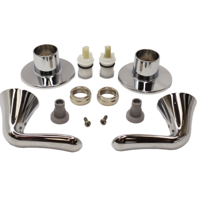 Polished chrome handles and escutcheons white platic cartridges stainless nuts and plastic handle adapters.