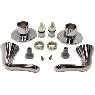 Polished chrome handles and escutcheons white platic cartridges stainless nuts and plastic handle adapters.