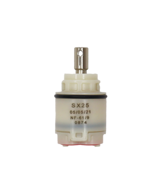 Clear plastic cartridge with stainless metal handle connection with black rubber o-ring and red rubber seals.