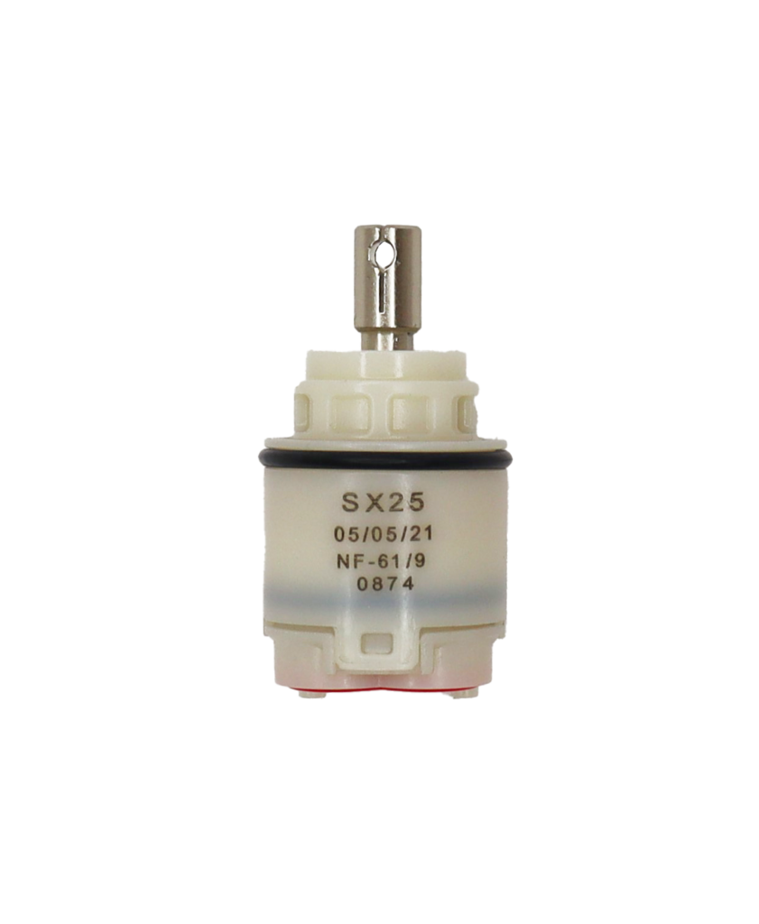 Clear plastic cartridge with stainless metal handle connection with black rubber o-ring and red rubber seals.