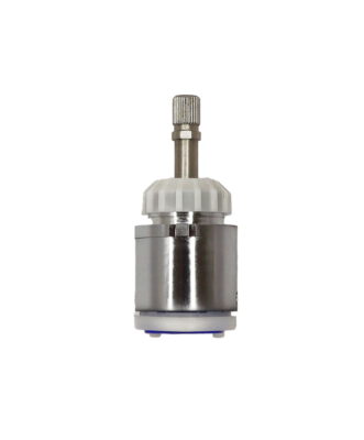 Polished chrom cartridge with white plastic limit stop metal handle connection white plastic bottom with blue rubber seals.