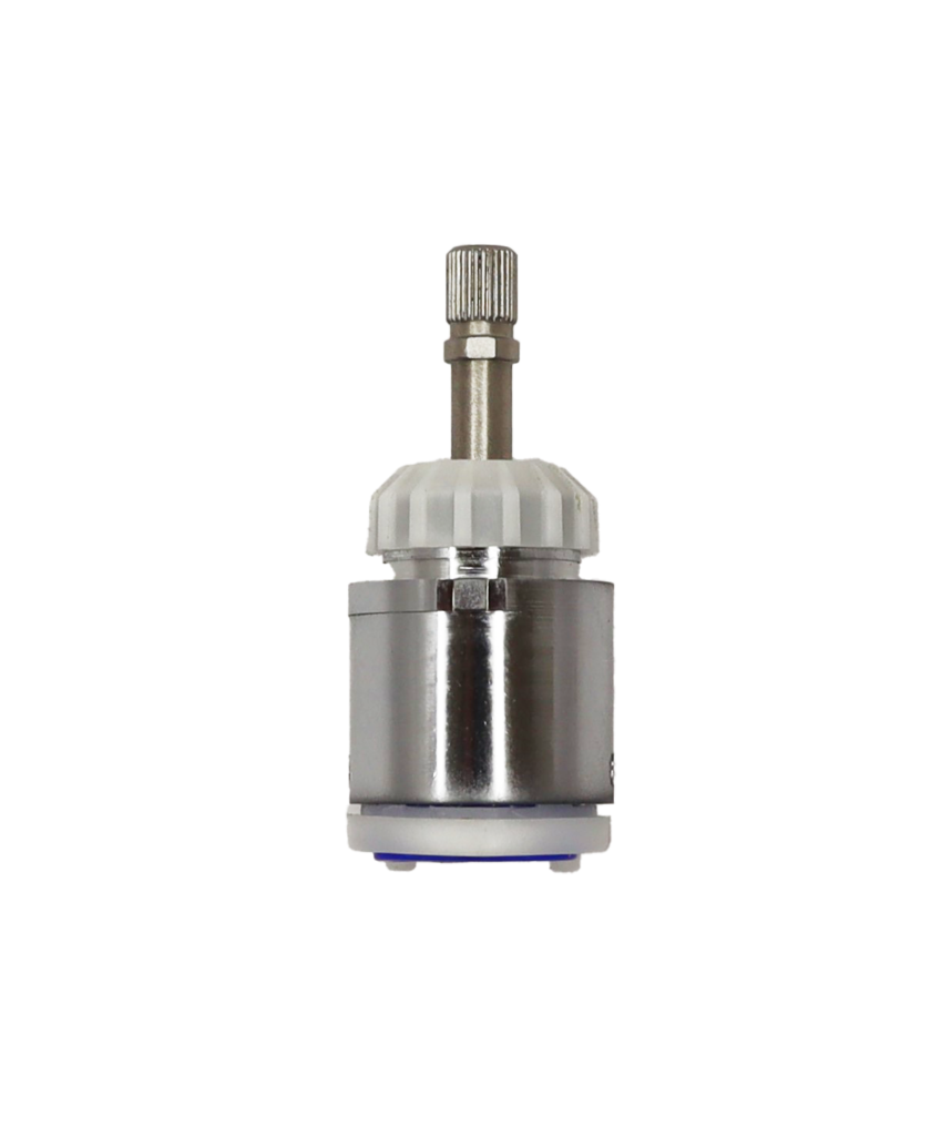 Polished chrom cartridge with white plastic limit stop metal handle connection white plastic bottom with blue rubber seals.
