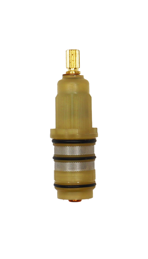 Tan plastic cartridge with brass & copper stem with black orings and stainless screens.
