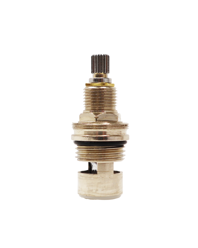 Polished chrome cartridge with brass clip black rubber o-ring and rubber bottom seal.