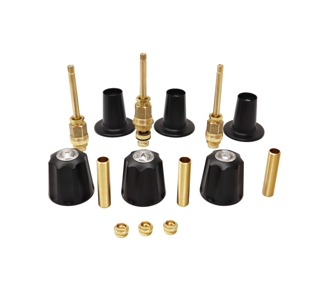 Matte black handles and escutcheons with bright brass stems nipples and faucet seats.