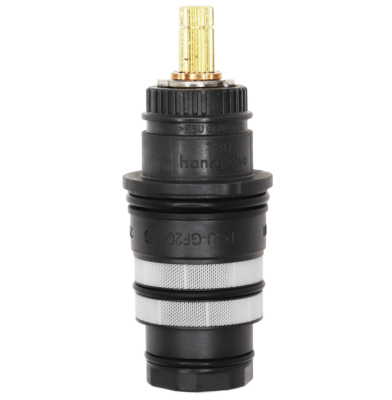 Bright brass stem with black plastic body stainless screens black rubber o-rings and copper thermo.