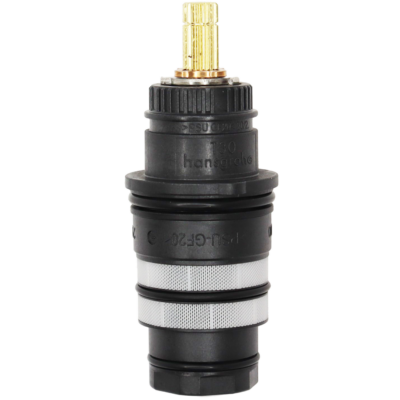 Bright brass stem with black plastic body stainless screens black rubber o-rings and copper thermo.