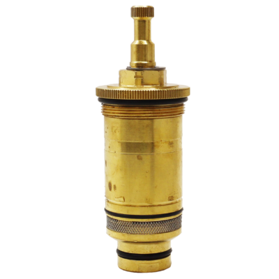 Bright brass cartridge body with stainless steel screens black rubber o-rings and copper thermo.