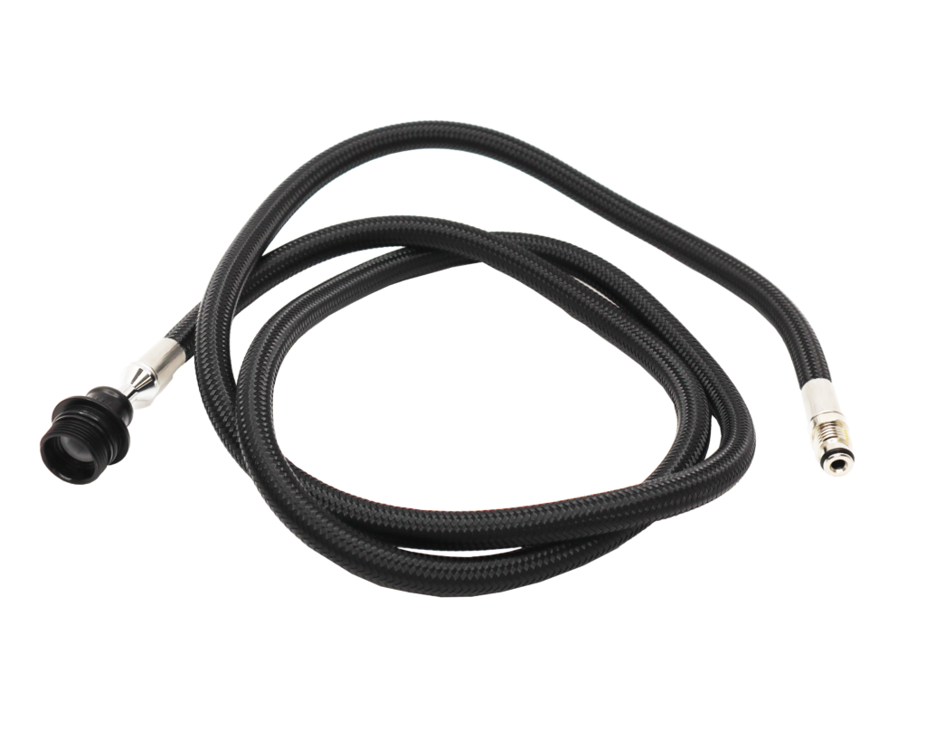 Black braided nylon hose with black plastic spray head connection and polished chrome threaded faucet connection.