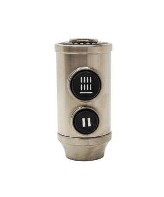Stainless steel sprayhead with 2 black rubber buttons.