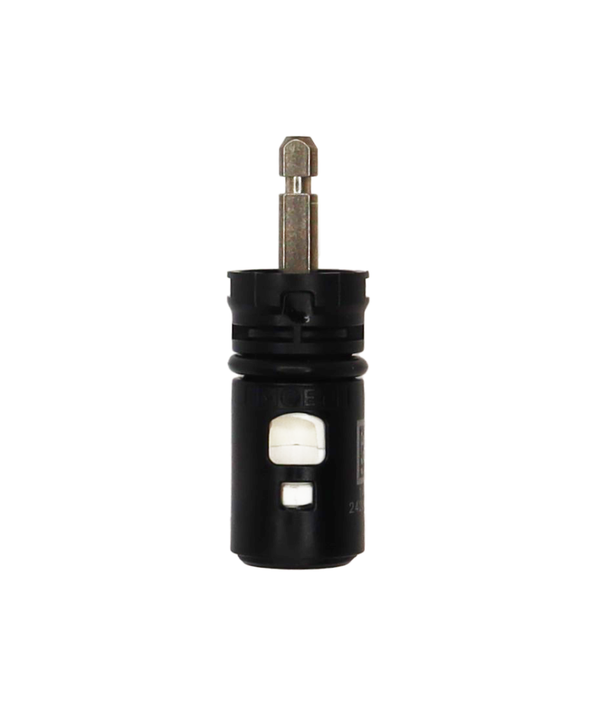 Black plastic cartridge with stainless square stem white ceramic discs and rubber seal.