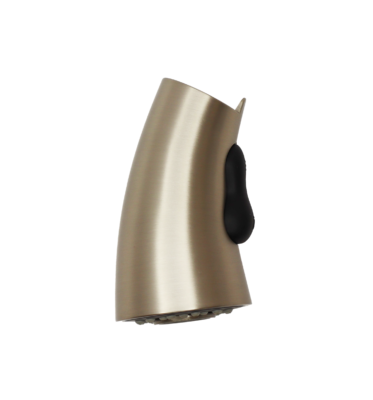 Stainless steel spray head with black rubber button.