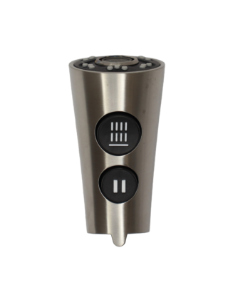 Spot defense brushed nickel sprayhead with black rubber buttons.