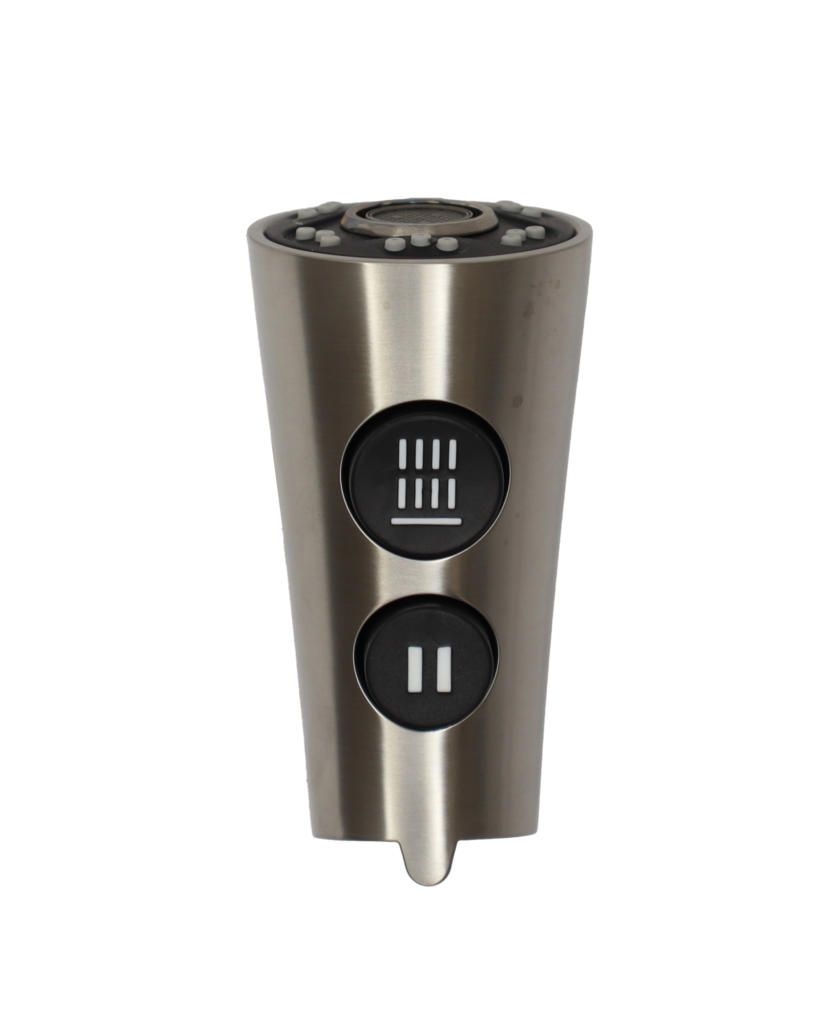 Spot defense brushed nickel sprayhead with black rubber buttons.