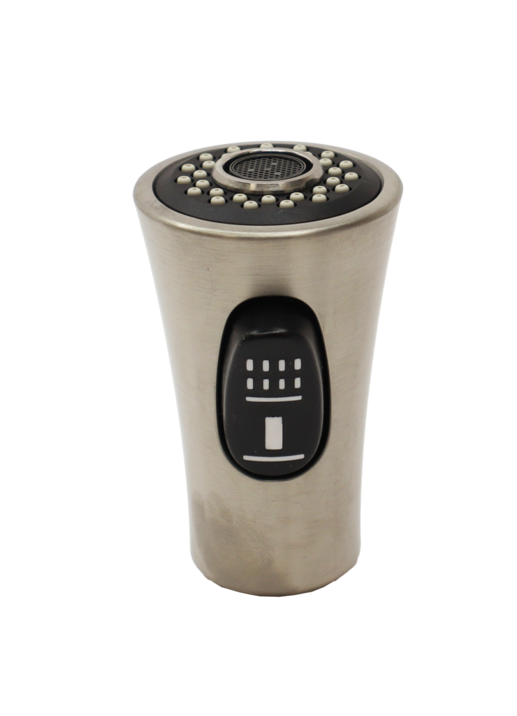 Vibrant stainless steel sprayhead with black rubber dual function button.