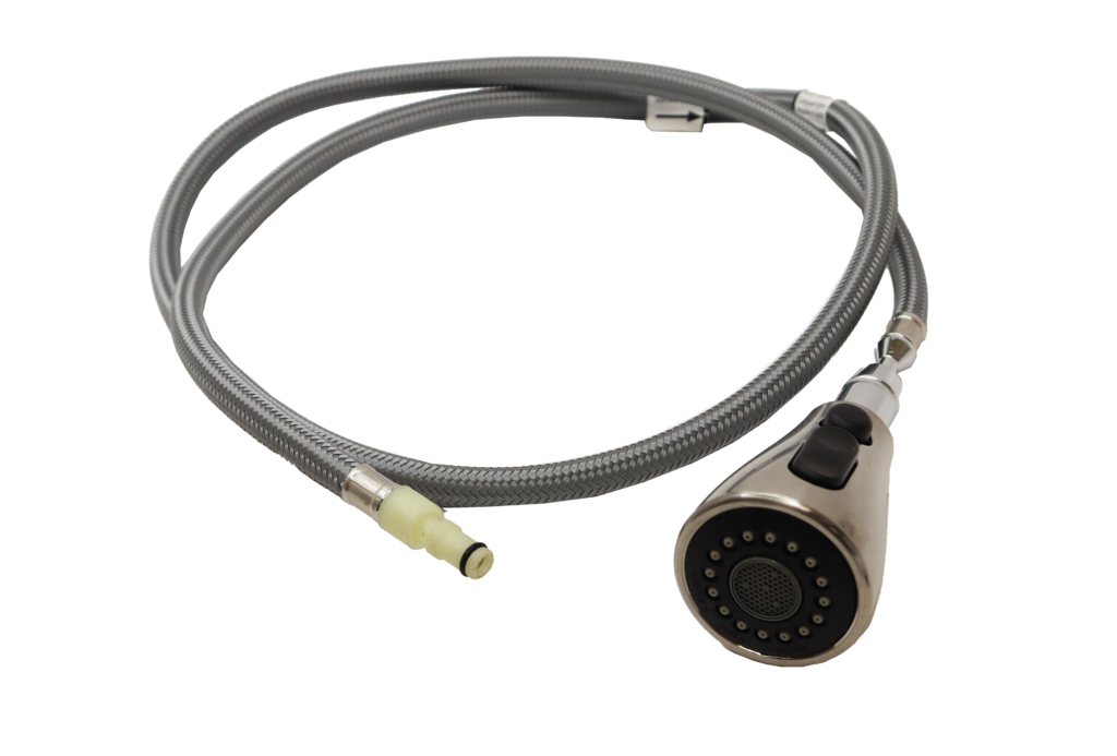Stainless spray head with black dual function button braided hose and white plastic quick connect fitting.