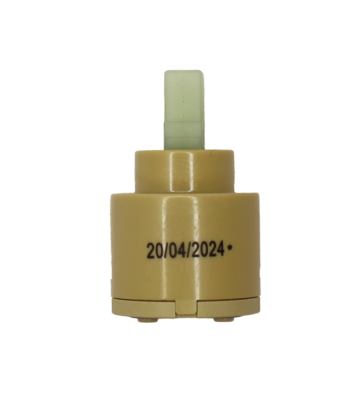 Tan plastic cartridge with white square handle connection and blue rubber bottom seals.