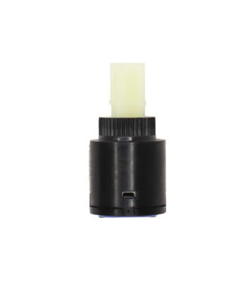 Black plastic cartridge with white square handle connection with blue rubber seal.