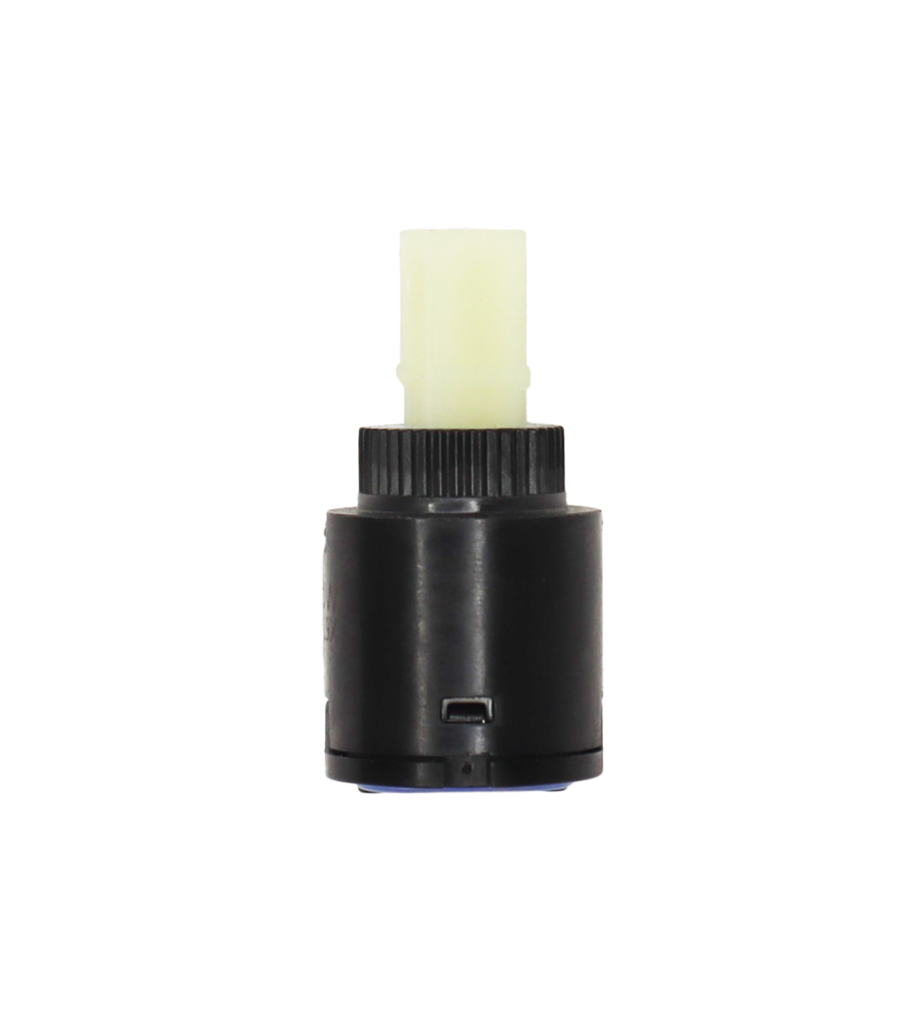 Black plastic cartridge with white square handle connection with blue rubber seal.