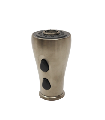 Stainless steel sprayhead with black rubber buttons and threaded hose connection.