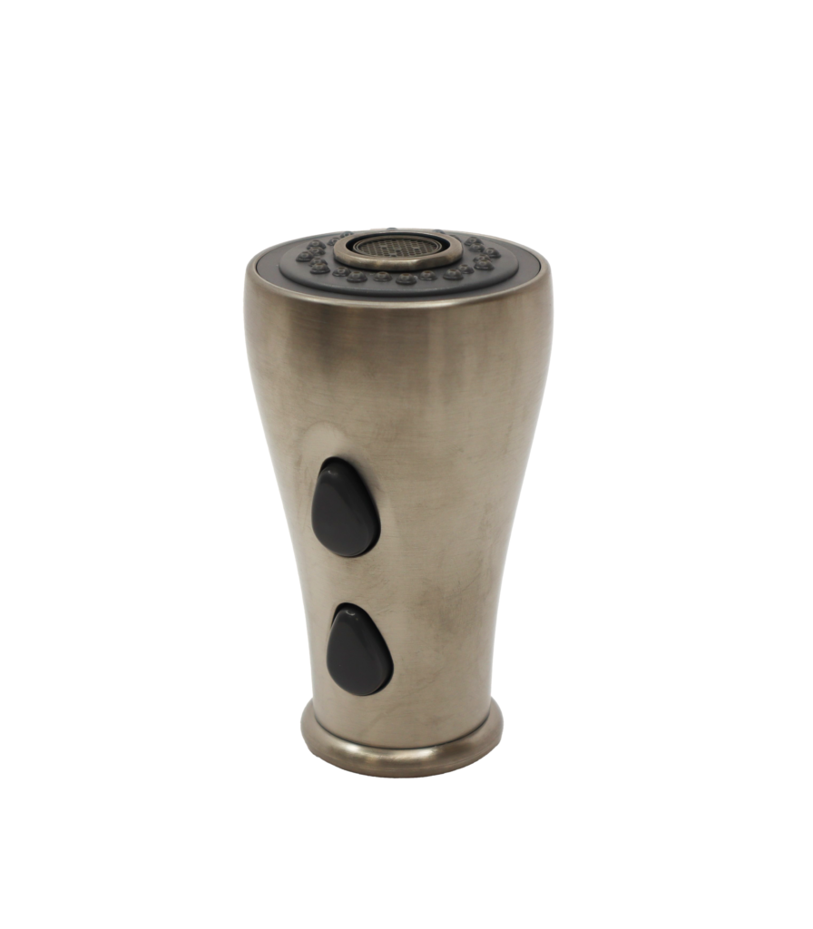 Stainless steel sprayhead with black rubber buttons and threaded hose connection.