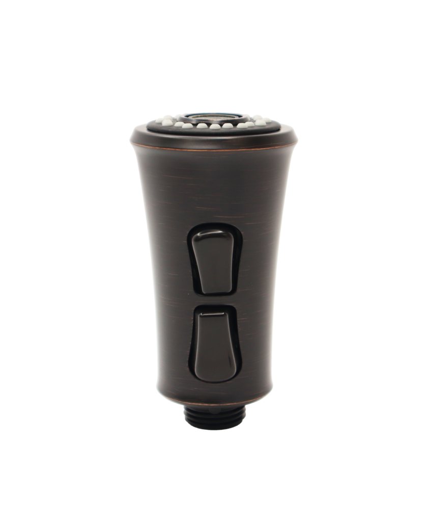 Tuscan bronze sprayhead with 2 black rubber buttons with grey and black spray face.