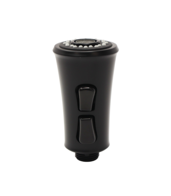 Matte black sprayhead with 2 black rubber buttons with grey and black spray face.