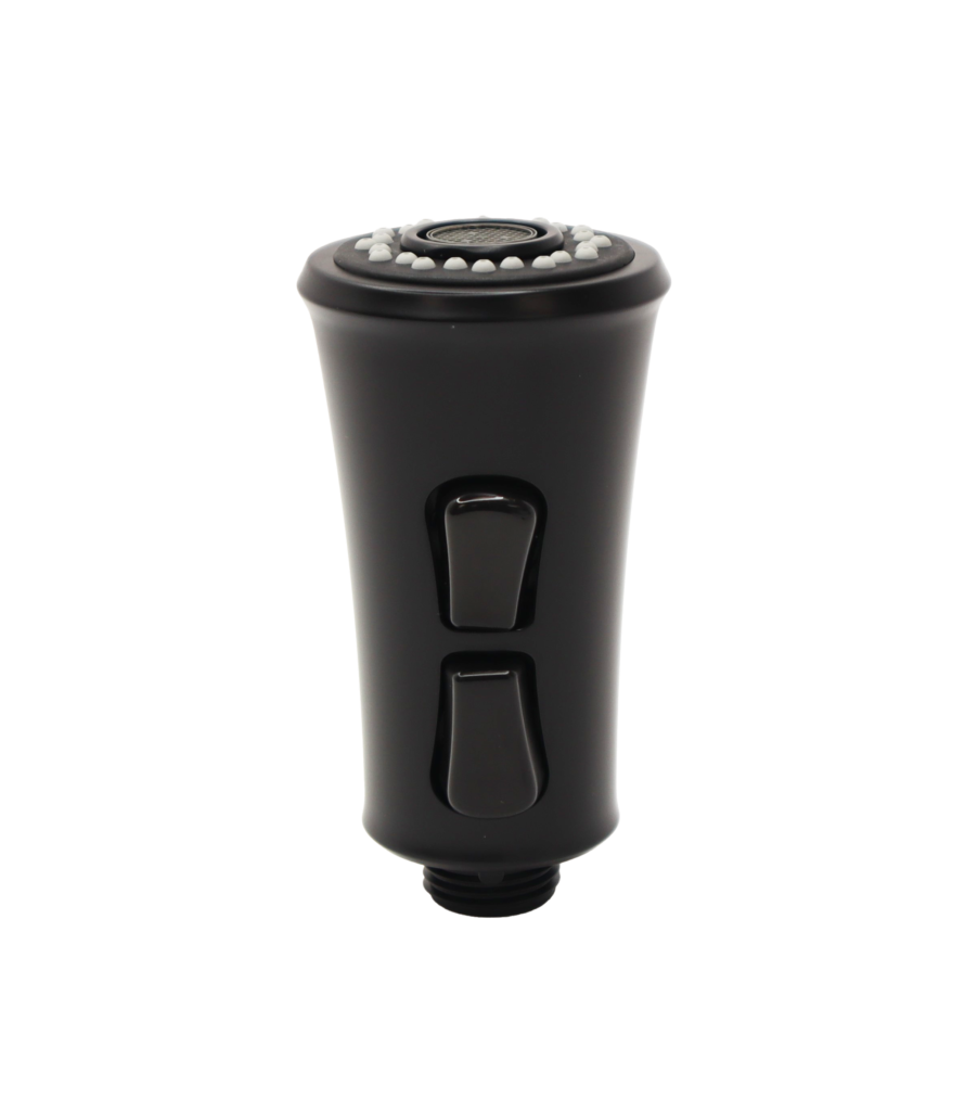 Matte black sprayhead with 2 black rubber buttons with grey and black spray face.