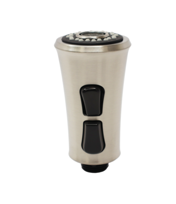 Stainless steel sprayhead with black rubber buttons black plastic hose connection and black and grey spray face.