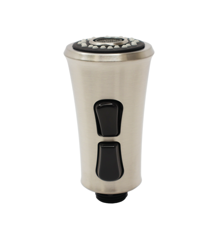 Stainless steel sprayhead with black rubber buttons black plastic hose connection and black and grey spray face.
