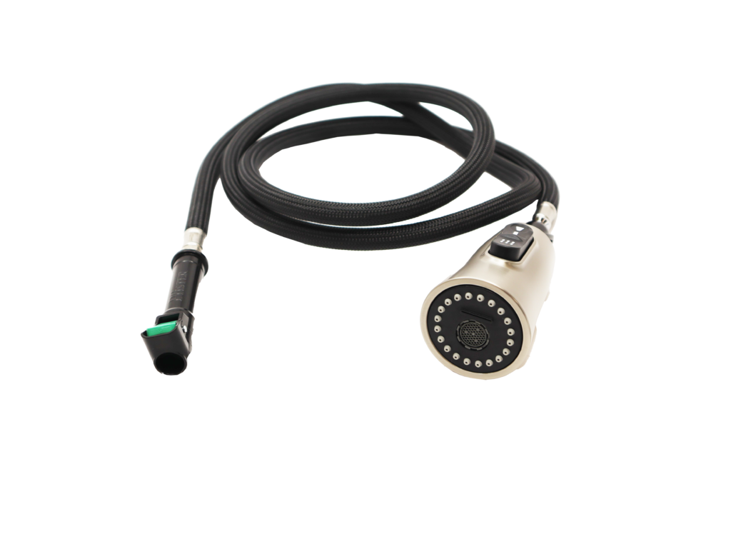 Vibrant brushed nickel spray head with black rubber buttons black braided nylon hose and black plastic quick connect with green clip.
