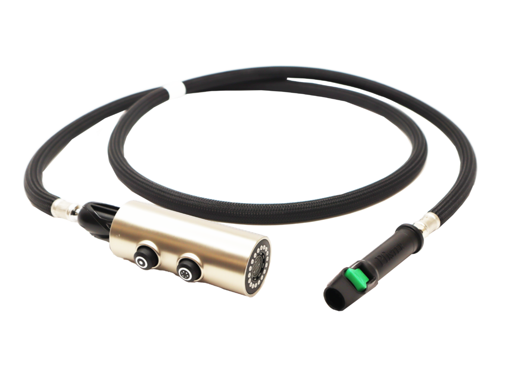 Vibrant brushed nickel spray head with black rubber buttons black braided nylon hose and black plastic quick connect with green clip.