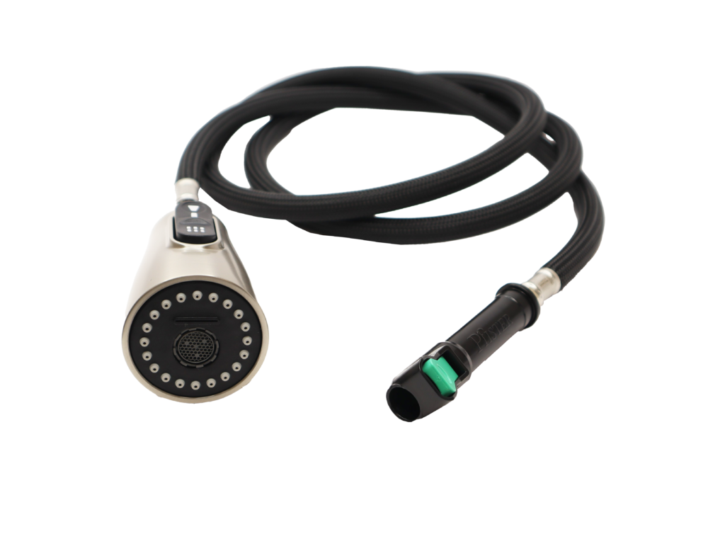 Vibrant brushed nickel spray head with black rubber buttons black braided nylon hose and black plastic quick connect with green clip.