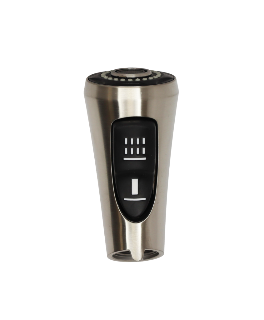 Vibrant stainless steel spray head with black rubber dual function button sieth stainless aerator.