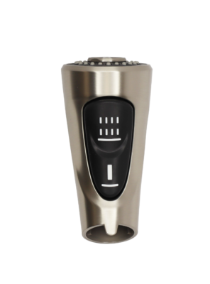Spot defense brushed nickel spray head with dual function black rubber button.