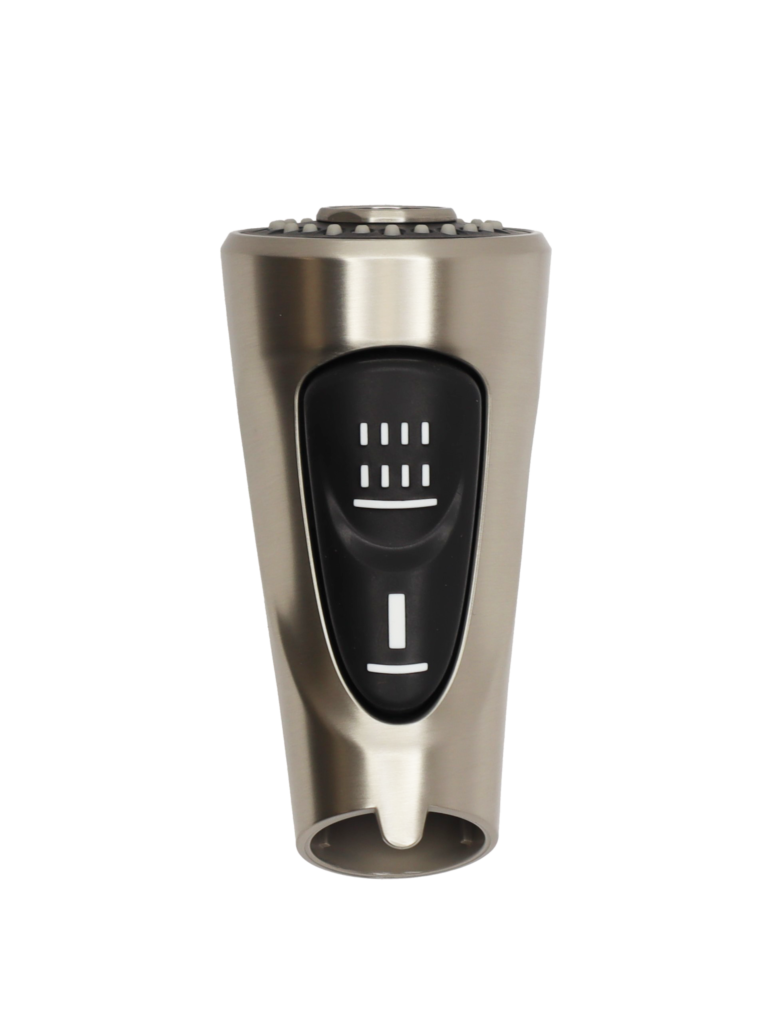 Spot defense brushed nickel spray head with dual function black rubber button.