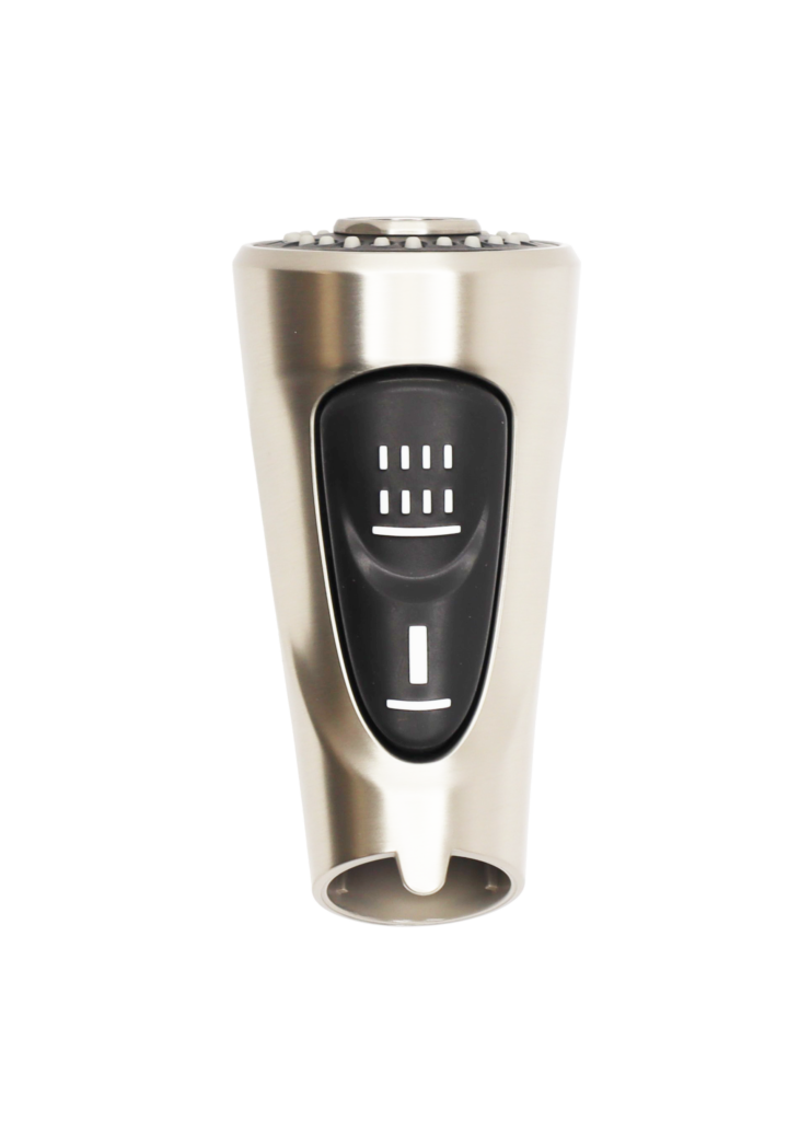 Stainless steel sprayhead with black dual function rubber button.