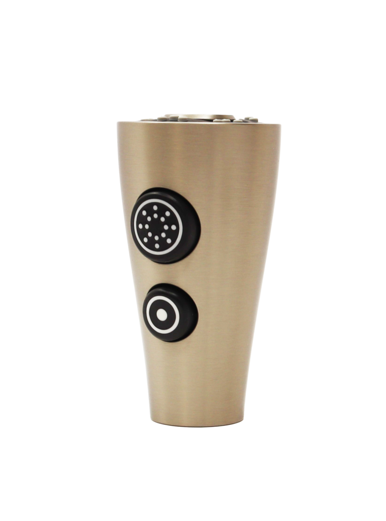 Brushed nickel sprayhead with two black rubber buttons and black and grey spray face.