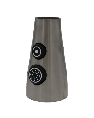Stainless stell sprayhead with multi button controls with black threads.