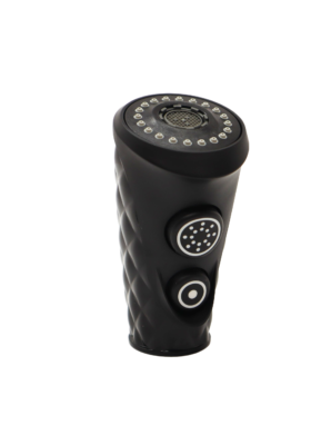 Matte black sprayhead with 2 black rubber buttons.