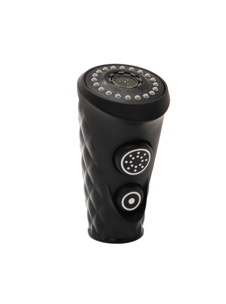 Matte black sprayhead with 2 black rubber buttons.