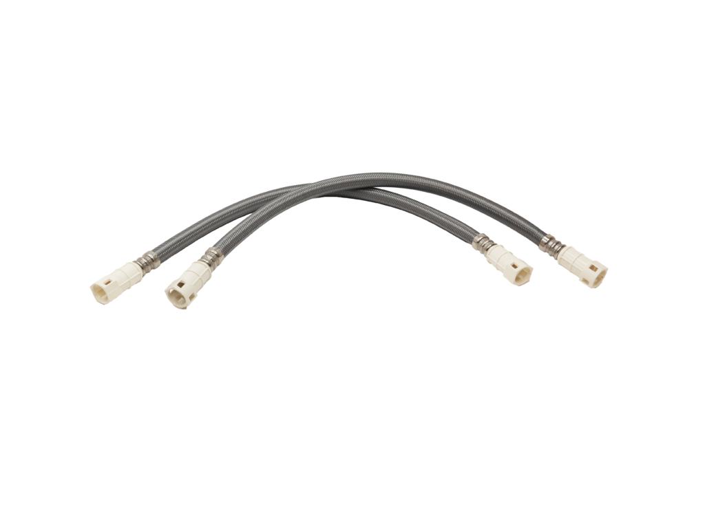 Stainless steel braided supply hose with white plastic quick connect connections.