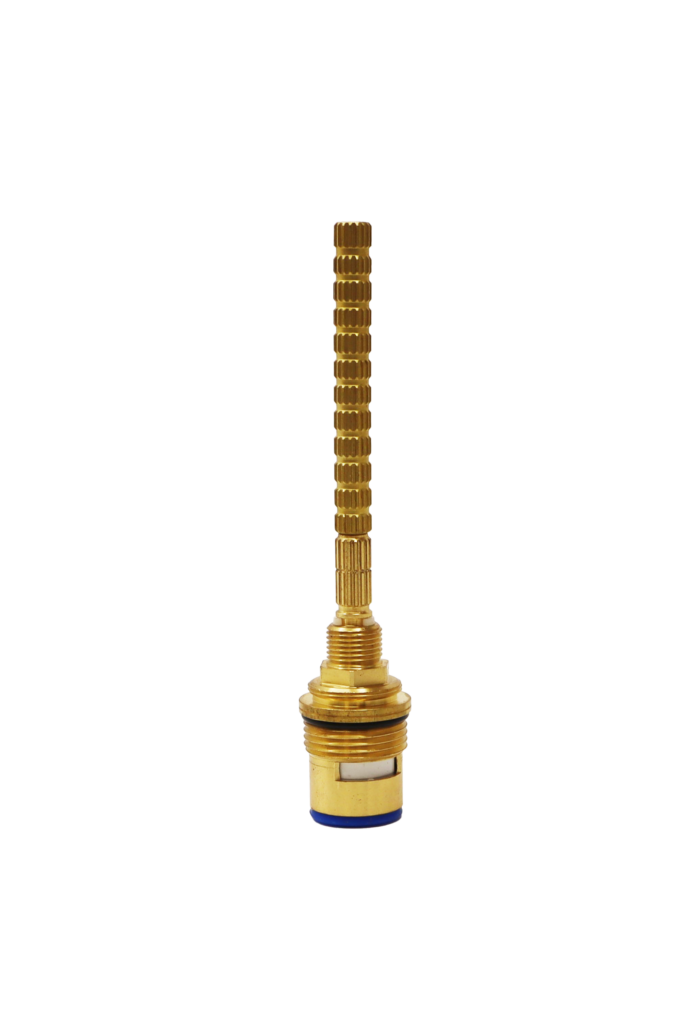 Bright brass cartridge with long brass stem black oring and white ceramic discs with bottom seal.
