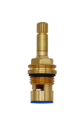 Bright brass cartridge with white plastic clip black rubber o-ring white ceramic discs and blue rubber washer.