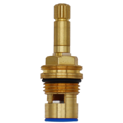 Bright brass cartridge with white plastic clip black rubber o-ring white ceramic discs and blue rubber washer.