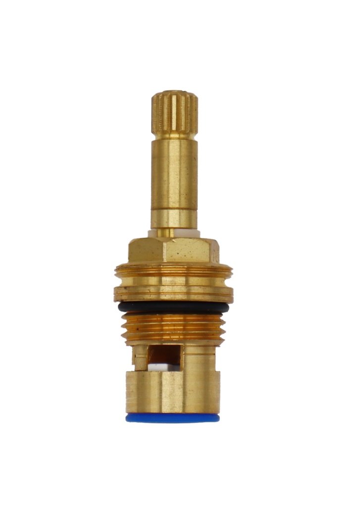 Bright brass cartridge with white plastic clip black rubber o-ring white ceramic discs and blue rubber washer.