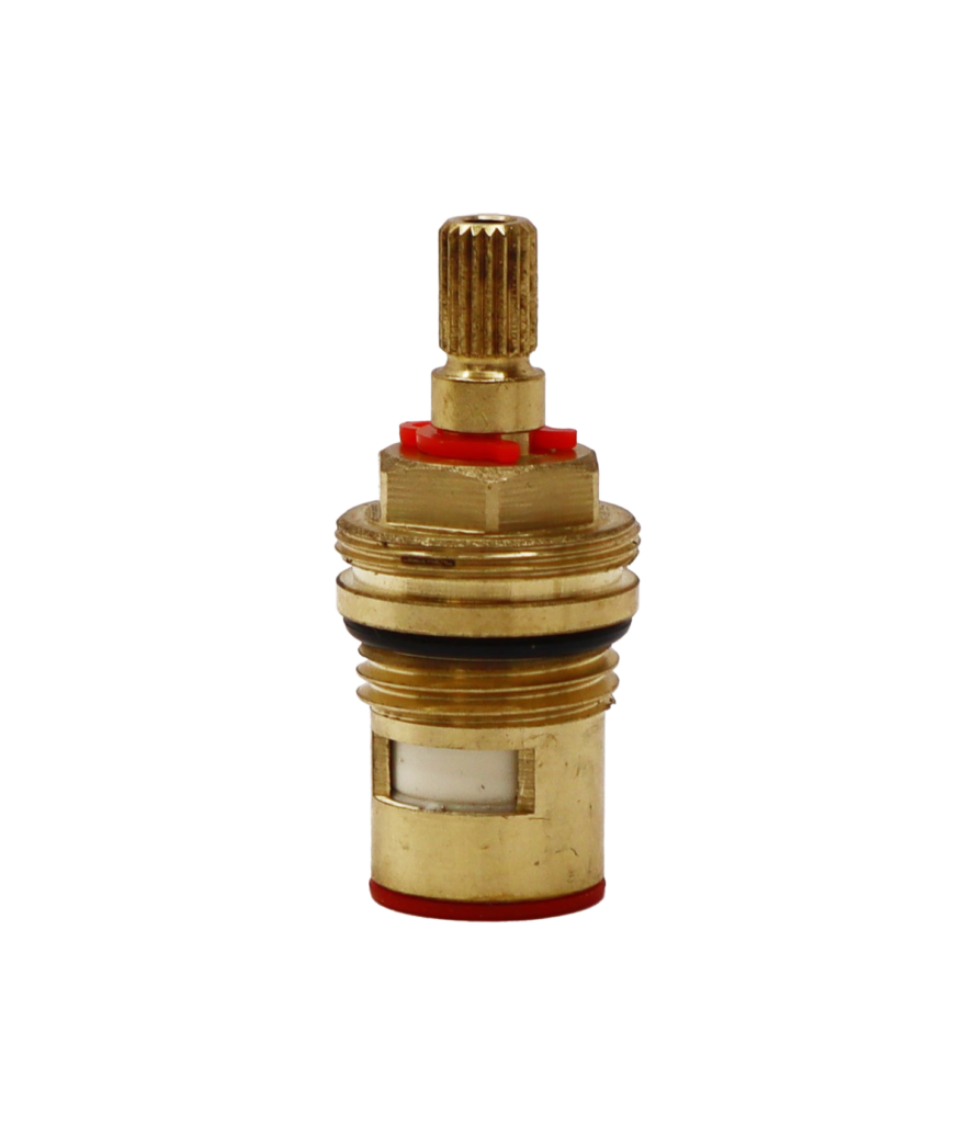 Brass ceramic cartridge with red index ring and red gasket on the bottom.
