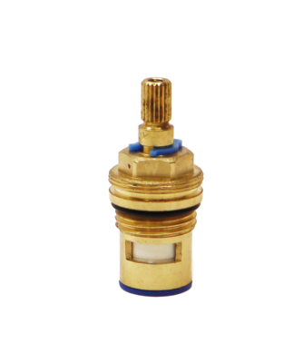 Brass ceramic cartridge with blue index ring and blue gasket on the bottom.