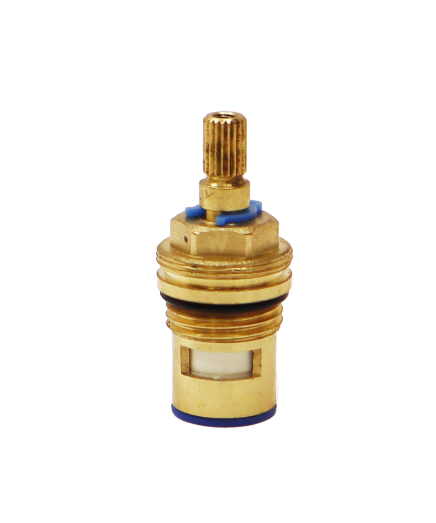 Brass ceramic cartridge with blue index ring and blue gasket on the bottom.