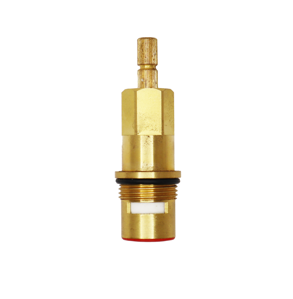 Brass cartridge with black rubber o-ring with white ceramic discs and red rubber washer.